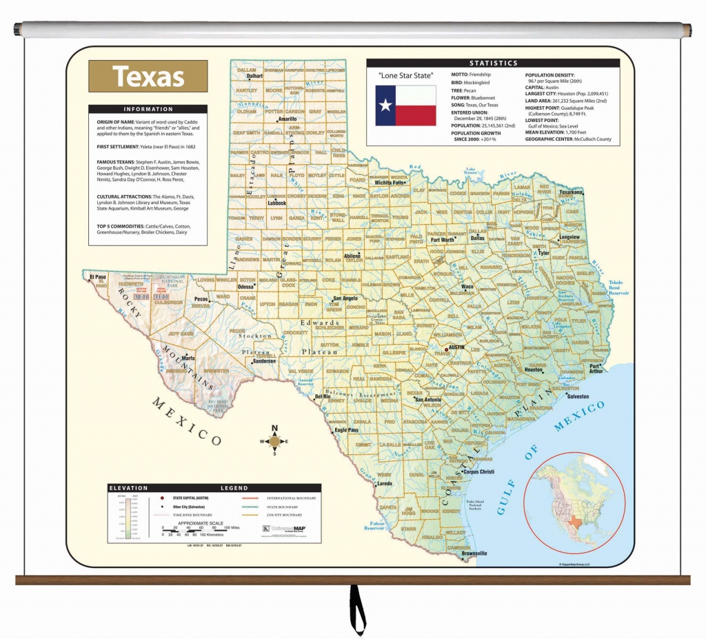 Texas Large Scale Shaded Relief Wall Map On Roller – Kappa Map Group - Large Texas Wall Map
