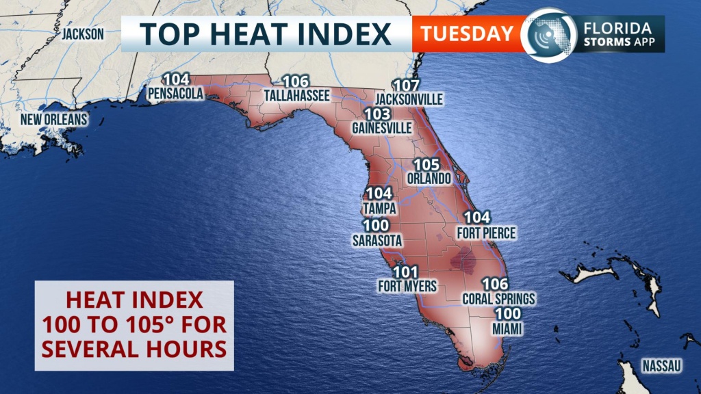 Triple-Digit Heat Indices Expected Statewide Tuesday - Florida Storms - Florida Heat Index Map