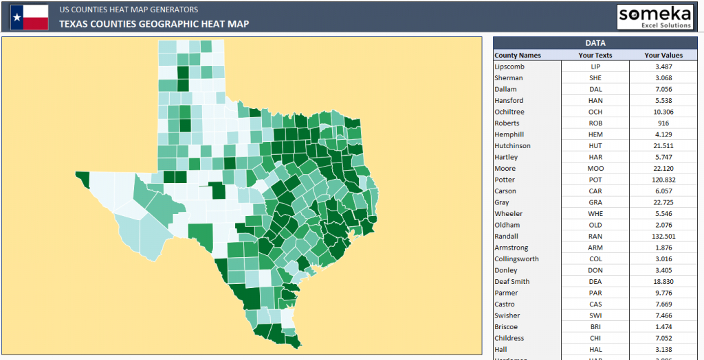 Us Counties Heat Map Generators - Automatic Coloring - Editable Shapes - Texas Population Heat Map