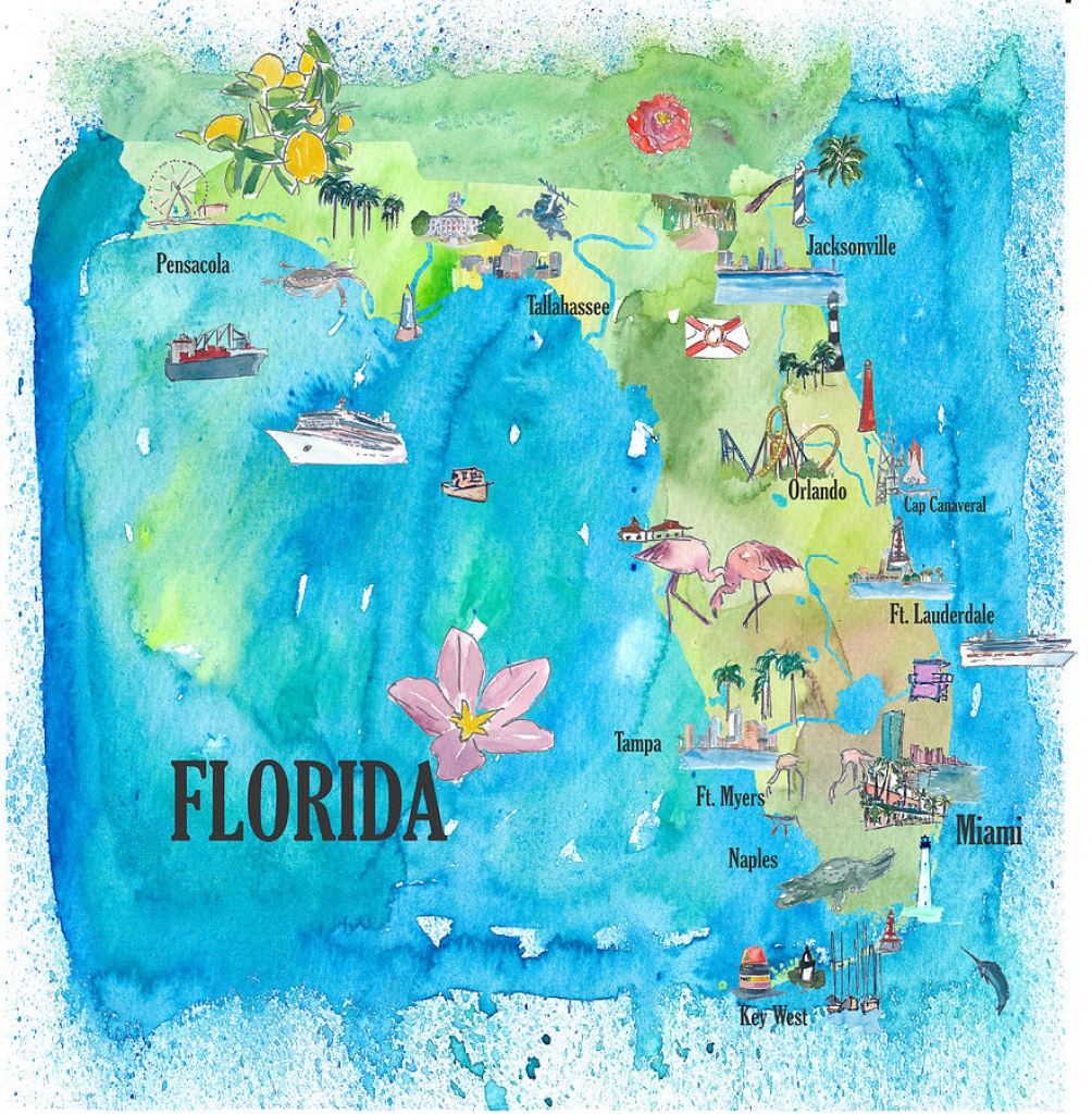 Usa Florida State Fine Art Print Retro Vintage Map With Touristic  Highlightsm Bleichner - Florida Map Artwork
