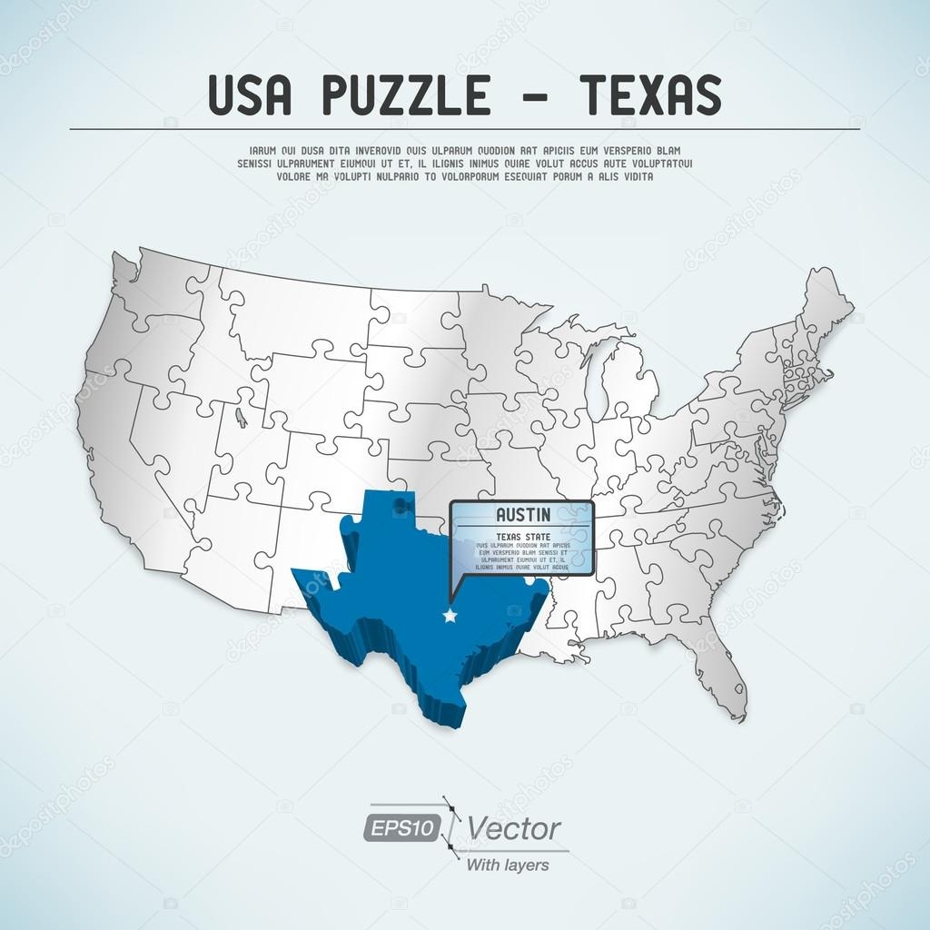 Usa Map Puzzle - One State-One Puzzle Piece - Texas, Austin — Stock - Texas Map Puzzle