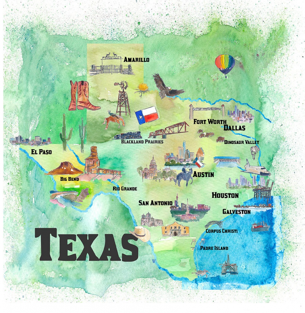 Usa Texas Travel Poster Map With Highlights Paintingm Bleichner - Texas Map Poster