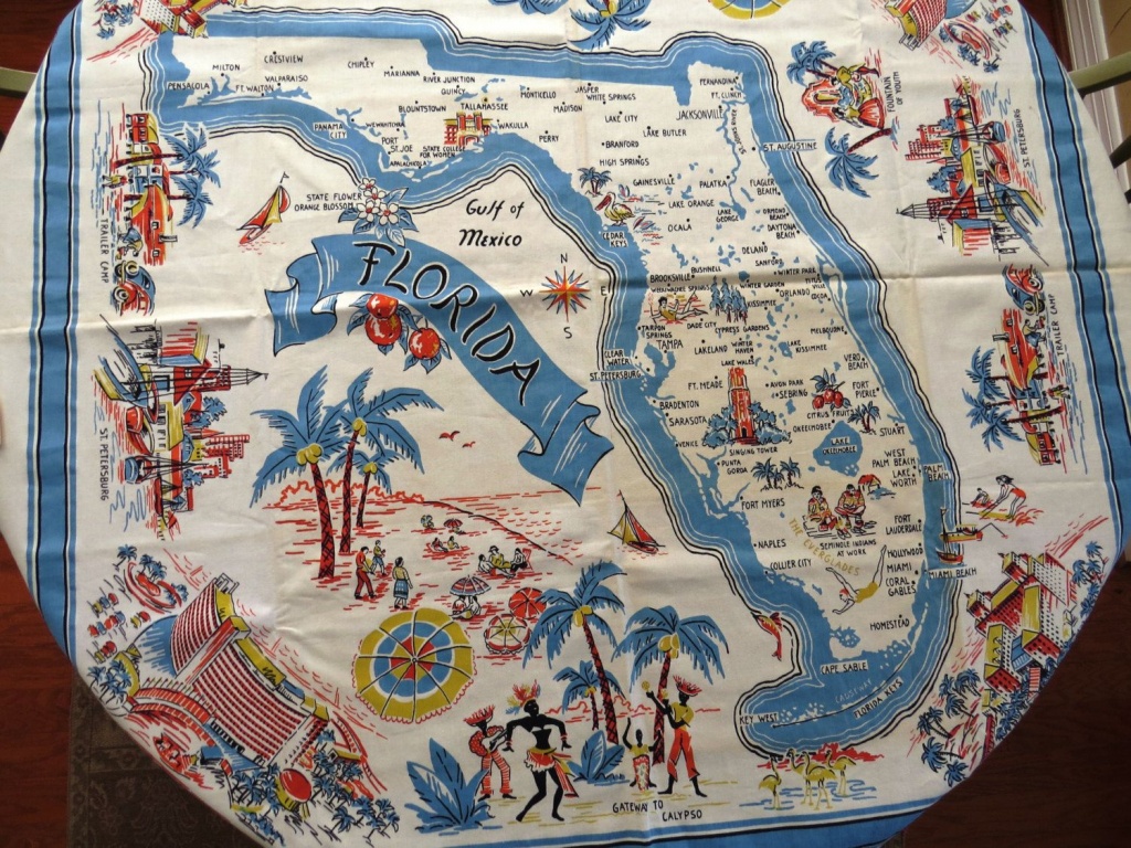 Vintage Florida Souvenir Tableclothbelcrest - New Unused With - Vintage Florida Map Tablecloth