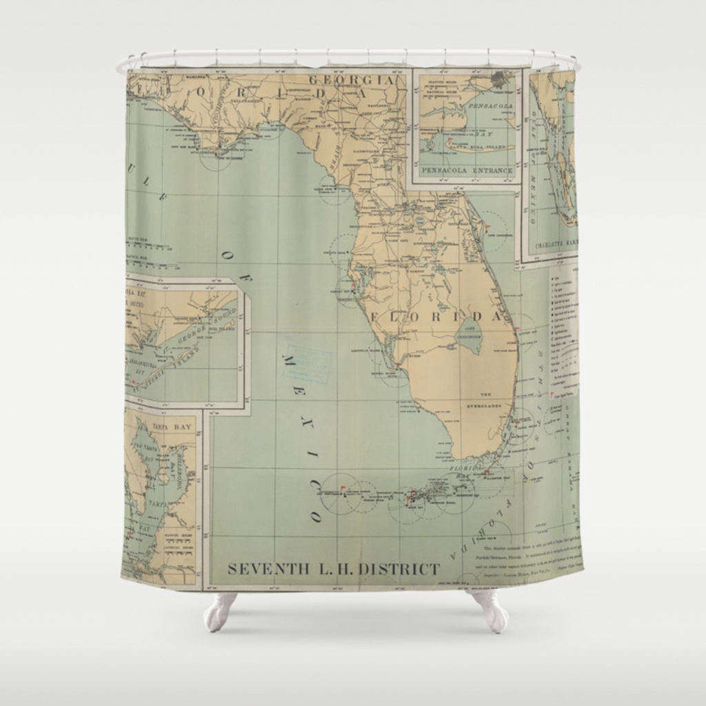 Vintage Lighthouse Map Of Florida (1898) Shower Curtain - Florida Map Shower Curtain