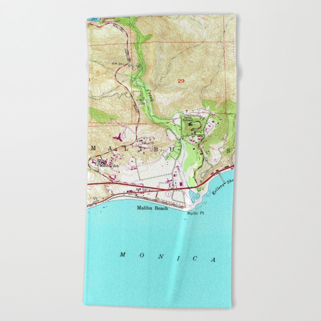 Vintage Map Of Malibu California (1950) Beach Towelbravuramedia - Malibu California Map