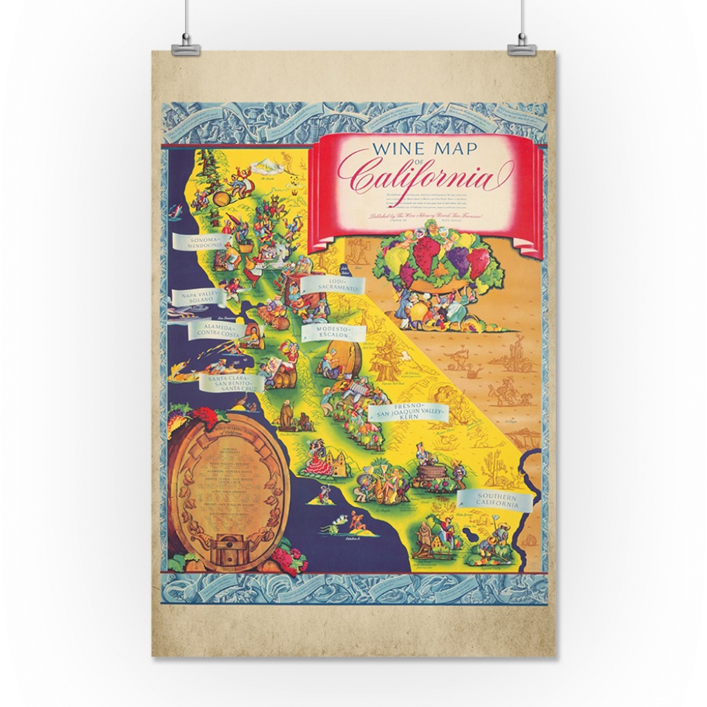 Wine Map Of California Vintage Poster (Artist: Taylor) Usa C. 1950 - California Wine Map Poster