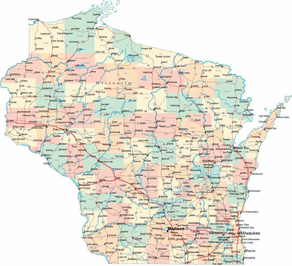 Wisconsin Road Map - Wi Road Map - Wisconsin Highway Map - Map Of Wisconsin Counties Printable