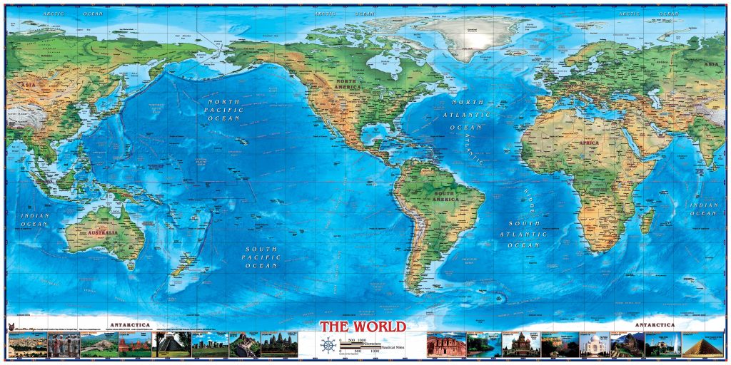 world physical wall map americas centered with world