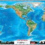 World Physical Wall Map Americas Centered With World Wonders   Topographic World Map Printable